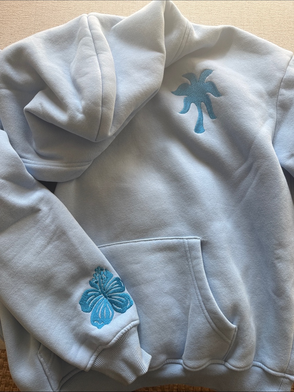 Light Blue Women’s Hoodie with Teal Tropical Embroidery